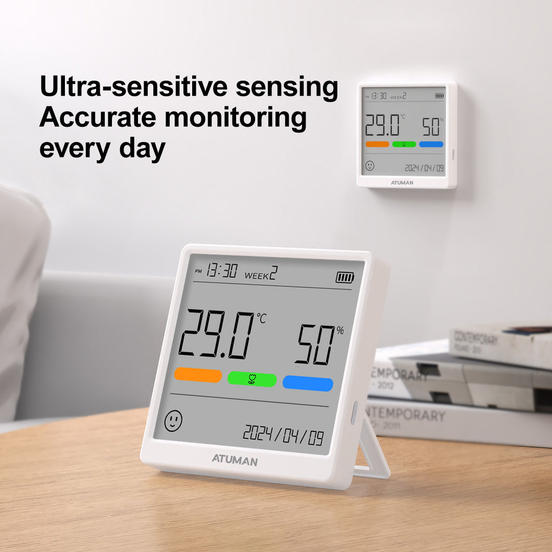 ATuMan THSE Indoor Thermometer Hygrometer with LCD Display – Digital Temperature & Humidity Monitor with Clock