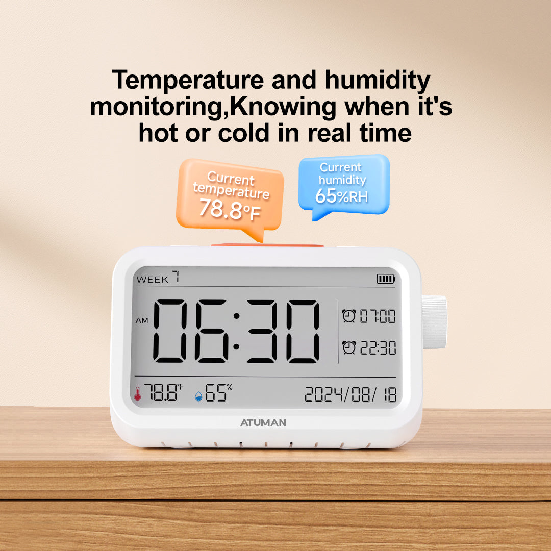ATuMan MT2 Thermometer Hygrometer with Clock – Indoor Temperature & Humidity Monitor with Alarm and Night Light
