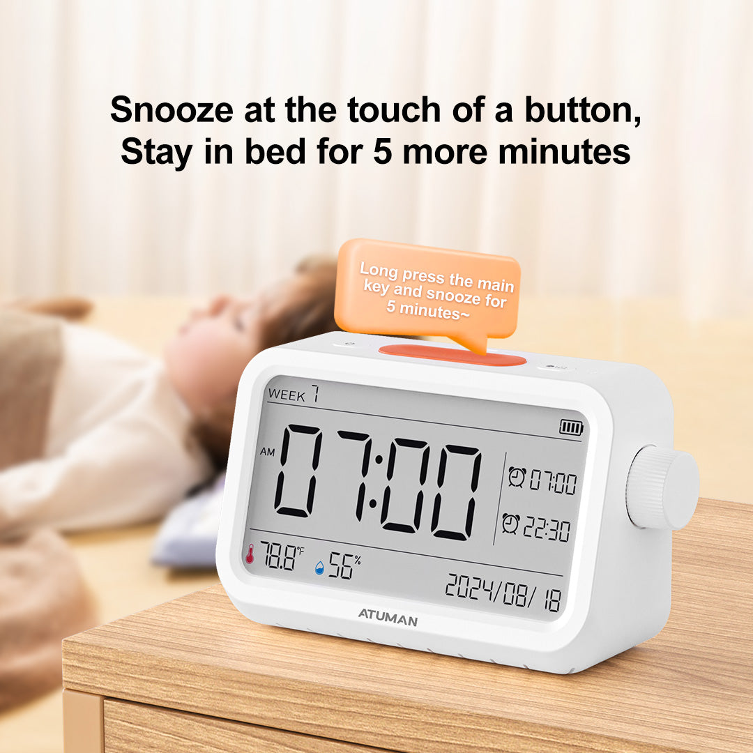 ATuMan MT2 Thermometer Hygrometer with Clock – Indoor Temperature & Humidity Monitor with Alarm and Night Light