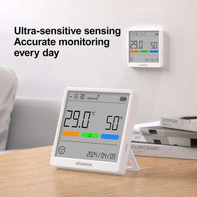 ATuMan THSE Indoor Thermometer Hygrometer with LCD Display – Digital Temperature & Humidity Monitor with Clock