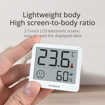 ATuMan Thimini 2.5" LCD Indoor Thermometer Hygrometer with Clock – Digital Temperature & Humidity Monitor